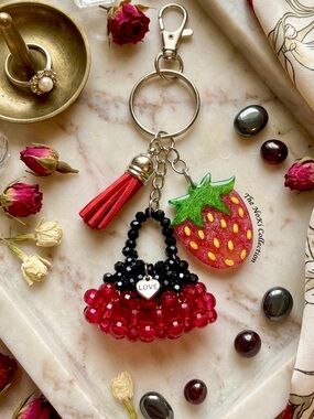 Red Strawberry Beaded Key & Card Holder Charm with Tassel
